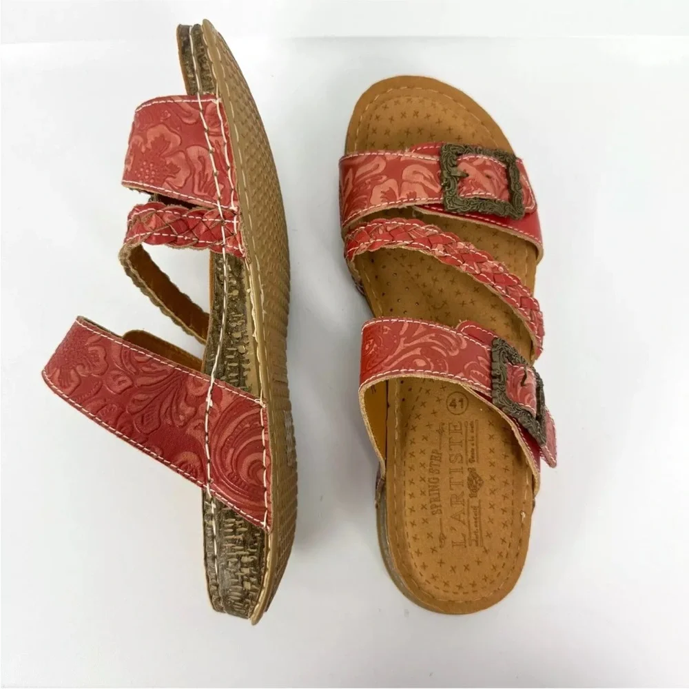 L'Artiste Spring Step ASTRA Red Leather Strappy Buckle Slip On Sandals 41 US 10 - Picture 4 of 8